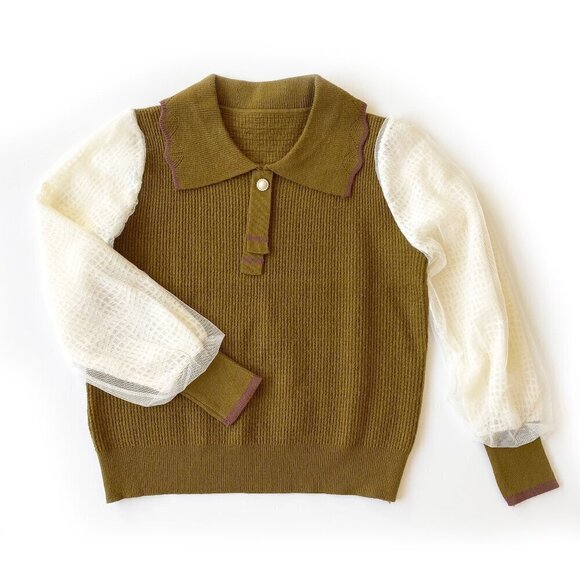 Korean Style Olive Knit Sweater Top Puff Mesh Sleeves Peter Pan Collar Preppy - Picture 5 of 11